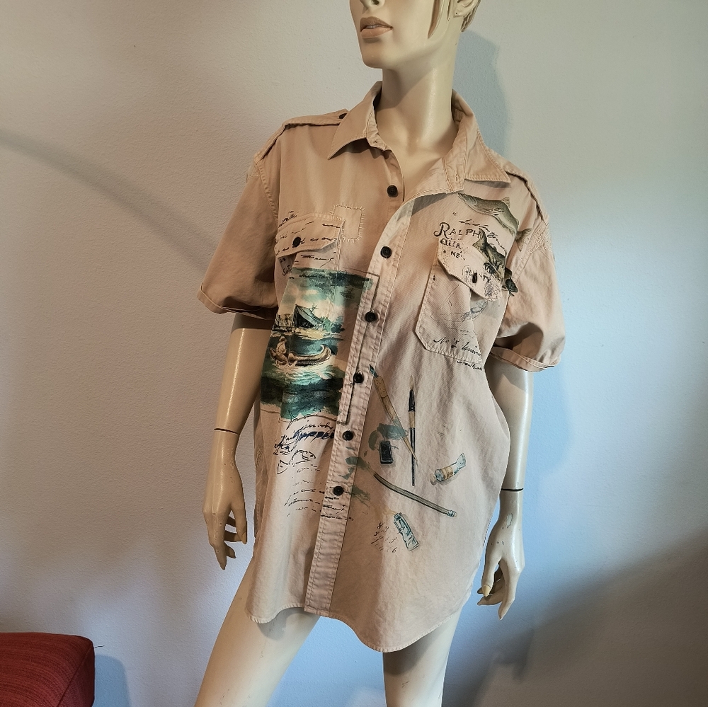 Ralph Lauren Fisherman Button Down Shirt  Lightweight Short Sleeve Tan Casu